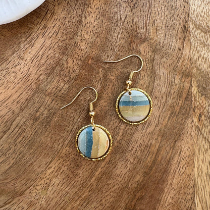 Diva & Dough neutral-toned marbled polymer clay earrings with a high-gloss resin finish, inspired by coastal sand and waves.