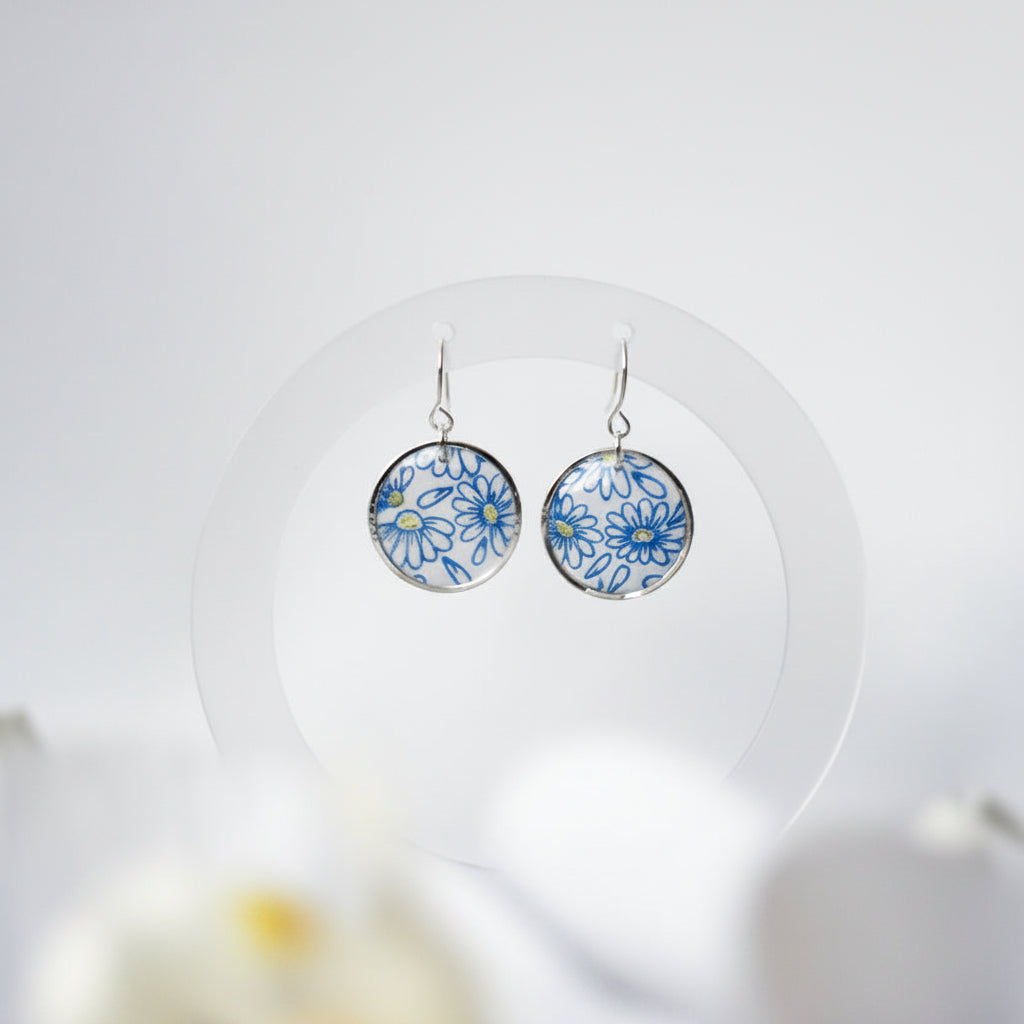 Pair of floral earrings on a white background